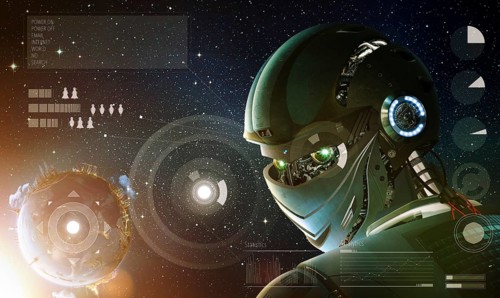Robot stylish looking back with planet Earth from space. Future technology concept, artificial