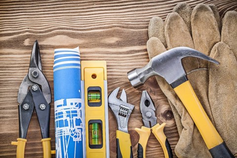 Construction level plan safety gloves claw hammer gripping tongs steel cutter adjustable wrench on