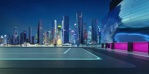 Perspective view of empty floor with modern building and beautiful nigh city background. 3d