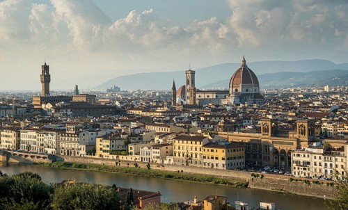 Panoramic Skyline of the historical city of Florence in Italy from Michelangelo piazza just before