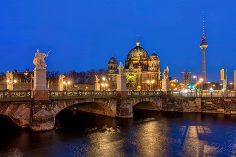 Berlin Cathedral with the famous television tower at night