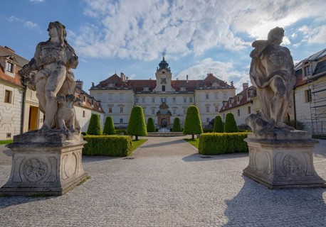 Entrance of the beautiful baroque castle in Valtice, South Moravia, famous travel wine destination