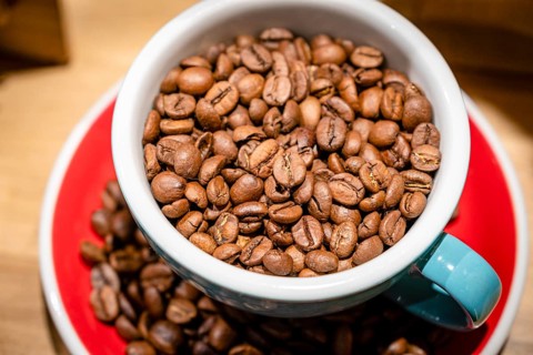 Cup with coffee beans, Mercat de l Olivar, Palma, Mallorca, Balearic Islands, Spain, Europe