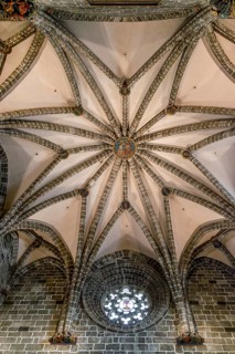 Beautiful vaulted ceiling of the Gothic Cathedral of Valencia (Catedral de València) in the Plaza