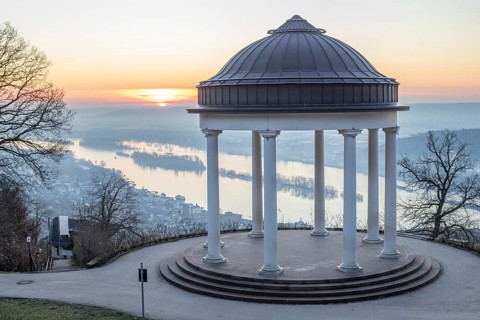 Beautiful temple in a landscape shot. Sunrise on a winter morning. Beautiful view along the Rhine