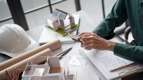 Architecture Man use smart phone for architectural Creative project business architecture ecosystem