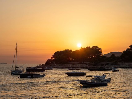 Sunset, boats in the harbour, town of Hvar, island of Hvar, Dalmatia, Croatia, Europe
