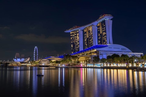 Marina Bay Sands, iconic hotel complex at the blue hour, Singapore, Singapore, Asia