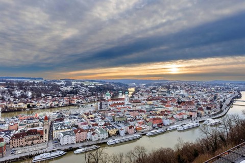 View of Passau in Bavaria at sunset on a winter evening