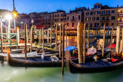 Gondola dock on the Grand Canal, blue hour, Venice, Italy, Europe