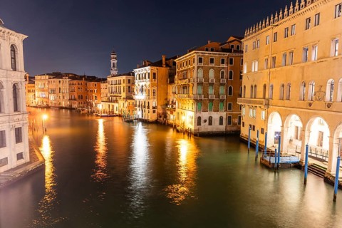 View from the Rialto Bridge over the Grand Canal, night shot, long exposure, Venice, Italy, Europe