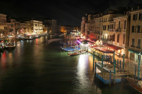 View from the Rialto Bridge over the Grand Canal, night shot, long exposure, Venice, Italy, Europe