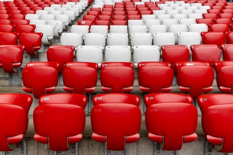 Empty red and white seats in the Allianz Stadion Arena football stadium, Munich, Upper Bavaria,