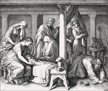 The death of Bathsheba's first child with David, Old Testament, by Julius Schnorr von Carolsfeld