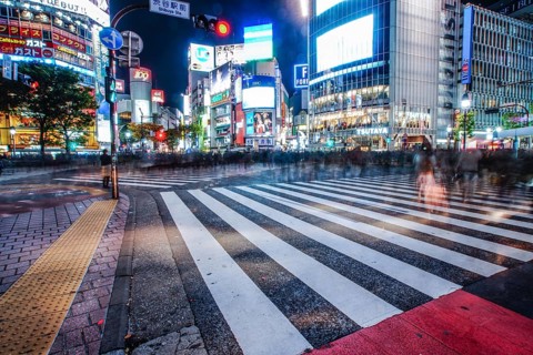 Shibuya scramble intersection of night view. Shooting Location: Tokyo metropolitan area