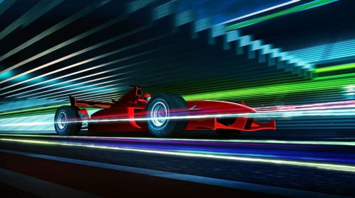 Side view fast moving motion blur red race car and driver with light trail effect, 3d rendering