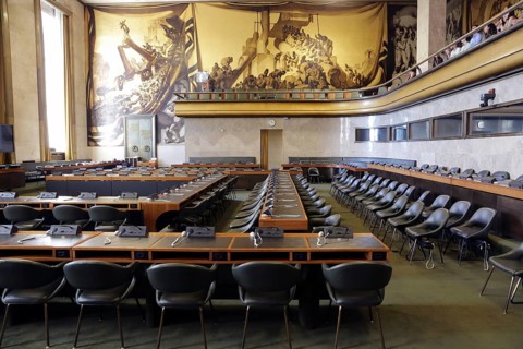 Geneva, Switzerland - 24 June, 2019: The old Council Chamber in The Palace of Nations is seen