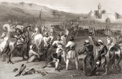 The disarming of cavalry of soldiers by the British units at Berhampur, Berhampore, Indian Mutiny,