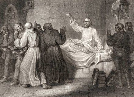 John Wycliffe, Doctor evangelicus, 1330, 1384, an English church reformer on his sick bed,