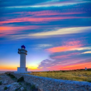Barbaria Berberia Cape Lighthouse Formentera at sunset in Balearic Islands