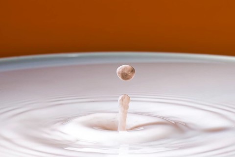 A gentle drop falls into milk and develops soft, concentric circles, water droplets, collision,