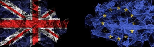Flags of Union Jack and EU on Black background, Union Jack vs Europe Union Smoke Flags