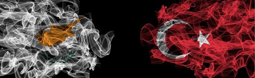 Flags of Cyprus and Turkey on Black background, Cyprus vs Turkey Smoke Flags