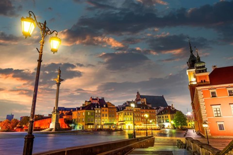 Lanterns in the Old Town of Warsaw in evening, Poland, Europe