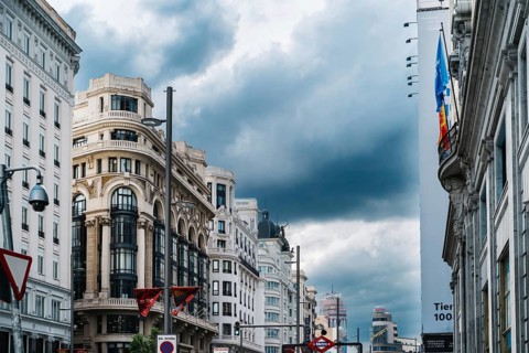 Madrid, Spain, June 18, 2021: Cityscape of Gran Via, the iconic avenue of Madrid famous for his