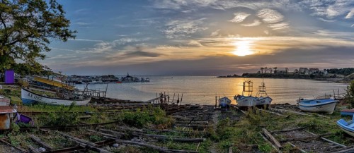 Athopol, Bulgaria, 23 October, 2022: panorama view of the boat ramps and small fishing boats in