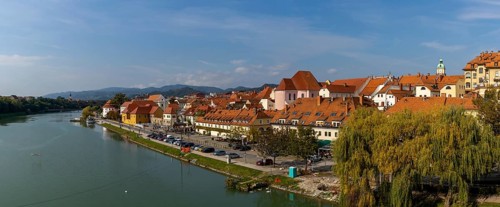 Maribor, Slovenia, 10 October, 2022: panorama view of the River Drava and the historic city center