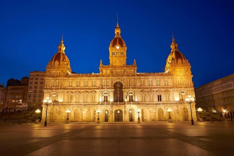 La Coruna City town hall sunset in Maria Pita Square of Galicia Spain