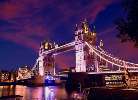London Tower Bridge sunset on Thames river in England