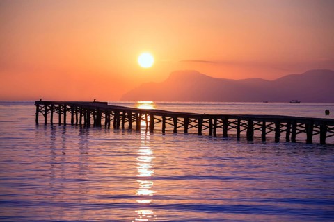 Majorca Muro beach sunrise in Alcudia Bay Mallorca at Balearic Islands of Spain