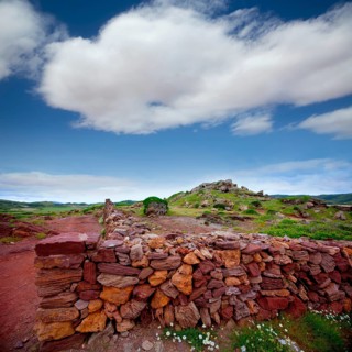 Masonry stonewall in spring with flowers at Menorca Balearic islands
