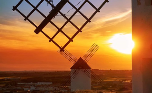 Mota del Cuervo windmills in Cuenca at Castile la Mancha of spain