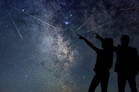 Silhouette of young couple watching Meteor Shower. Nigh Sky