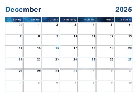 December 2025 calendar, week start Sunday, modern design