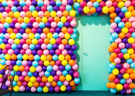 Door room with colorful balloons, concept of celebration, party, happy birthday