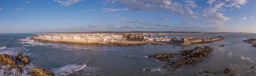 Aerial panorama of medieval Essaouira old city on Atlantic coast at sunset, Morocco, Africa