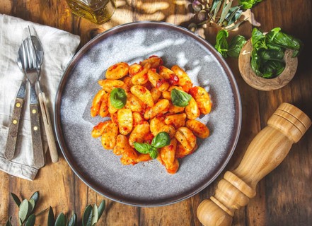 Food, Food, Italian Gnocchi with tomato sauce and basil on wooden background