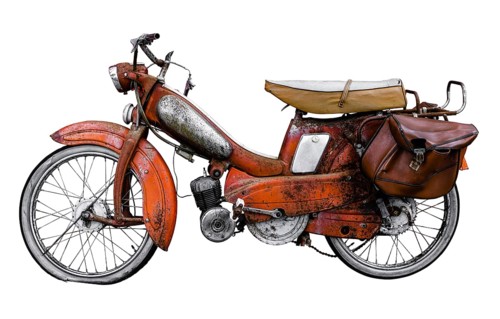 Isolated Vintage 60s French Moped Or Scooter With Pannier Bag And Flat Tyre