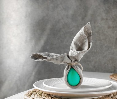 Food, Food, Festive Easter table setting. Funny Easter bunny made of green egg and linen napkin on
