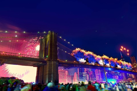 July 4th 2014 fireworks at Brooklyn bridge Manhattan skyline New York USA