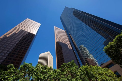 LA Los angeles downtown skyscrapers buildings viewed from below at California