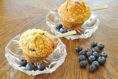 Blueberry muffins on a white plate with fresh berries, Blueberry muffins with blueberries