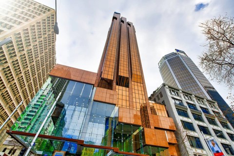 Street view of Auckland buildings in downtown on a cloudy day, New Zealand, Oceania