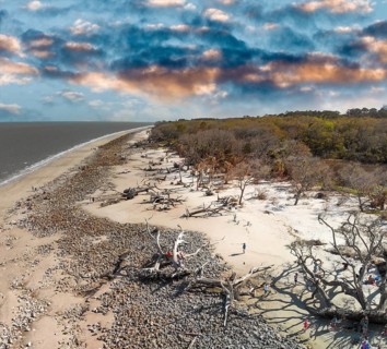 Driftwood Beach in Jekyll Island, Georgia. Aerial view on a spring day