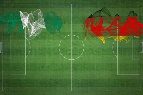 Nigeria vs Germany Soccer Match, national colors, national flags, soccer field, football game,