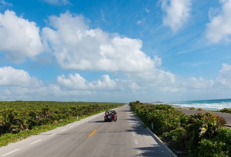Open Top Red Jeep On Empty Seaside Road, Cozumel, Mexico, Central America